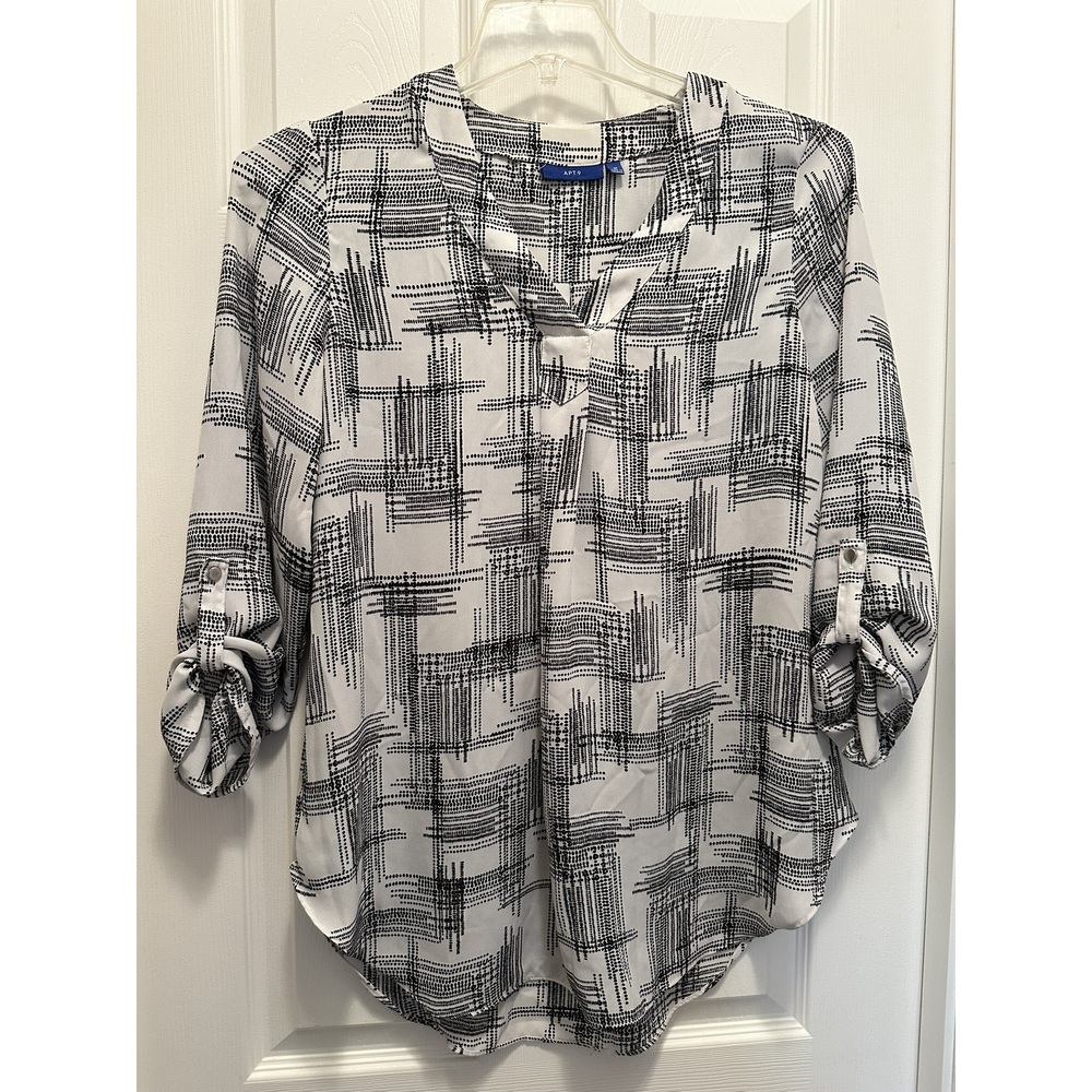 Apt. 9 Medium tunic style rolled sleeve Black & white top, M long lightweight